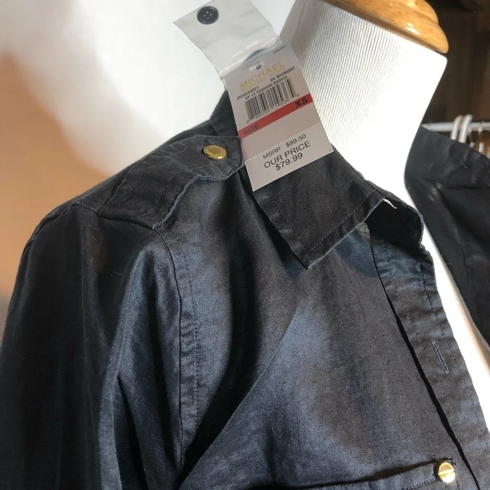 Michael Kors Navy Linen Button Down Xs NEW